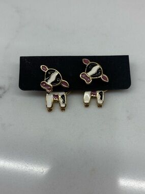 Vintage Gold Tone and Black White Pink Enamel Holstein Cow Dangle Earrings